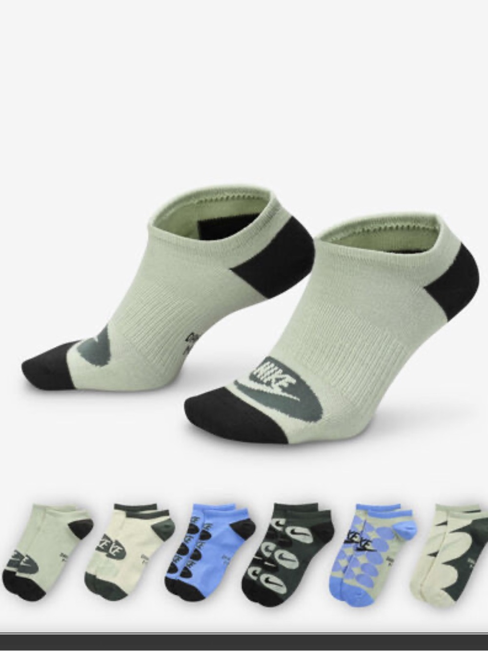NWT 6 Pack of Nike Everyday Lightweight Training No-Show Socks Drifit Green Blu
